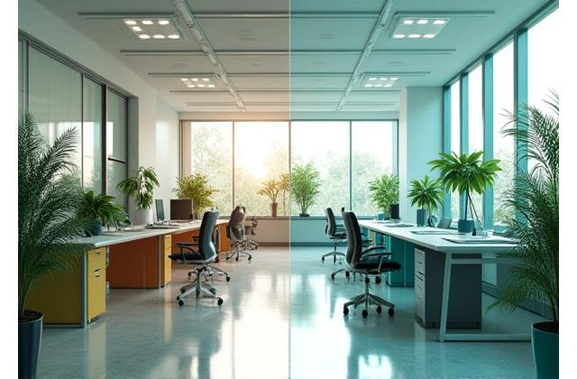 Ευρύχωρο, μοντέρνο γραφείο πριν και μετά τον καθαρισμό, με φωτεινούς χώρους και οργανωμένες επιφάνειες, αποπνέοντας μια αίσθηση καθαριότητας και παραγωγικότητας.