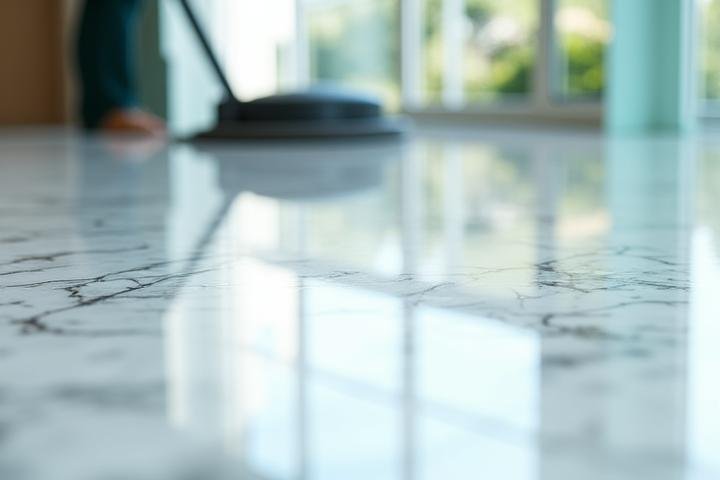 Επαγγελματικός καθαρισμός και γυάλισμα μαρμάρινου δαπέδου, αναδεικνύοντας την λάμψη του.