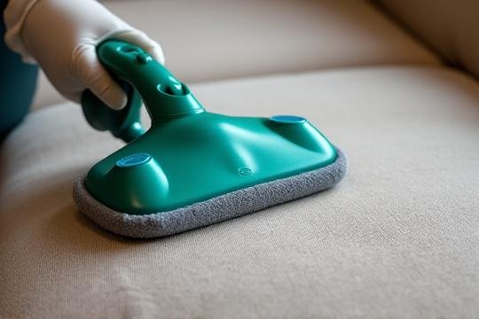 Βαθύς καθαρισμός υφασμάτινου καναπέ με εξειδικευμένο μηχάνημα ατμού, αποκαλύπτοντας την αρχική του φωτεινότητα.