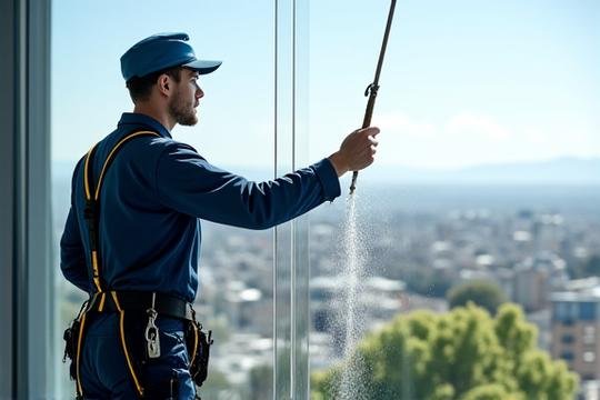 Επαγγελματίας καθαριστής τζαμιών με εξοπλισμό ασφαλείας, καθαρίζοντας παράθυρα σε ψηλό κτίριο στην Πάτρα.