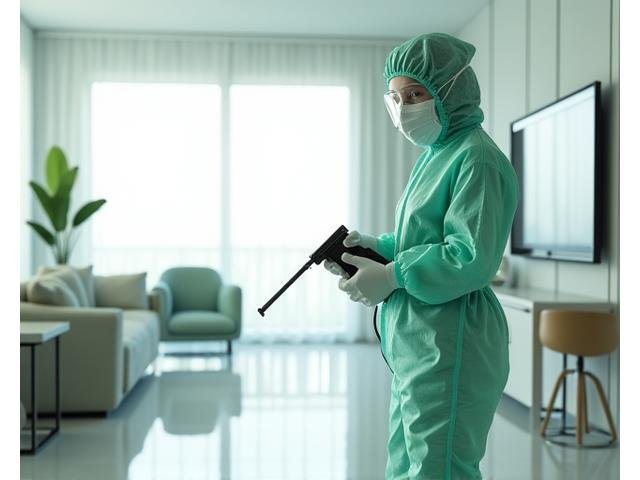 Επαγγελματικό συνεργείο απολύμανσης με προστατευτικό εξοπλισμό σε σύγχρονο χώρο, απεικονίζοντας καθαριότητα και υγιεινή.