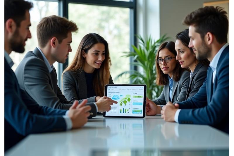 Μια ομάδα επαγγελματιών σε μοντέρνο γραφείο που συνεργάζονται γύρω από ένα tablet με γραφήματα βιωσιμότητας, συμβολίζοντας την επίτευξη εταιρικών στόχων βιωσιμότητας.