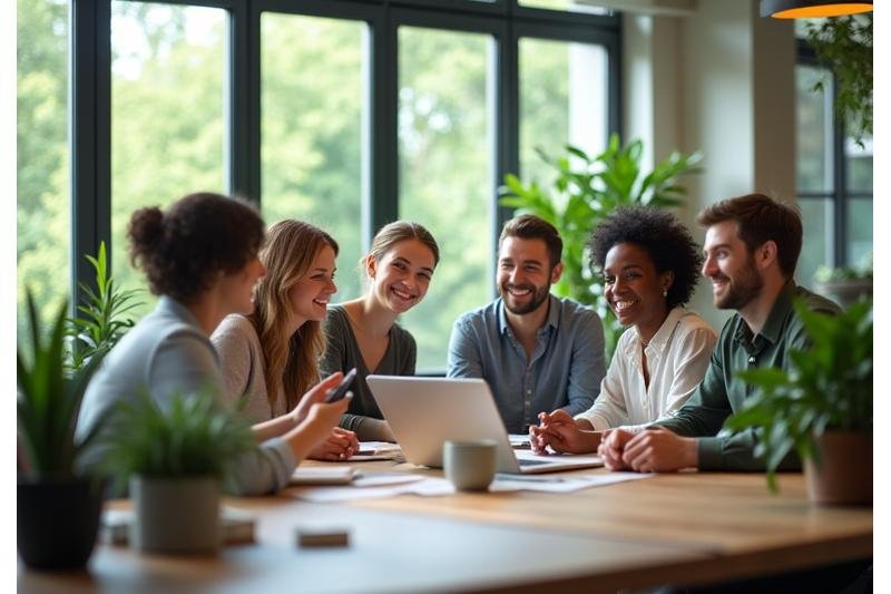 Γραφείο με χαρούμενους, υγιείς εργαζόμενους που συνεργάζονται σε ένα φωτεινό, πράσινο περιβάλλον, υποδηλώνοντας βελτιωμένη υγεία και παραγωγικότητα.