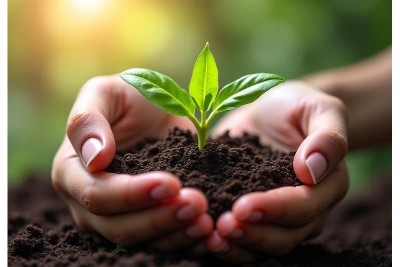 Δύο χέρια που κρατούν ένα μικρό πράσινο φυτό που φυτρώνει από μια χούφτα καθαρά χώματος, συμβολίζοντας την περιβαλλοντική ανάπτυξη και τις οικολογικές πρακτικές.