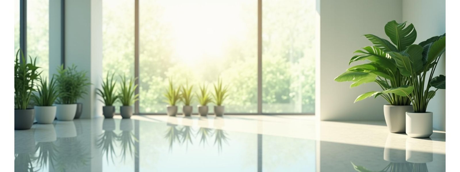 Μοντέρνο γραφείο με διάχυτο πράσινο φως, καθαρό και ευάερο, που συμβολίζει την υγιεινή και τη βιωσιμότητα.