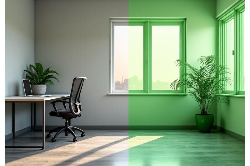 Γραφείο πριν και μετά τον πράσινο καθαρισμό, με την αριστερή πλευρά να είναι θαμπή και την δεξιά πλευρά να είναι φωτεινή και καθαρή, συμβολίζοντας τη μεταμόρφωση.