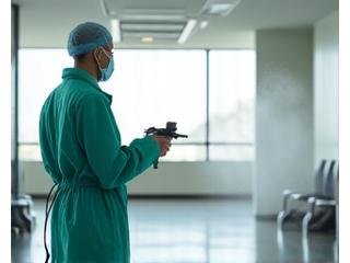 Επαγγελματίας με πιστόλι ηλεκτροστατικού ψεκασμού σε καθαρό χώρο