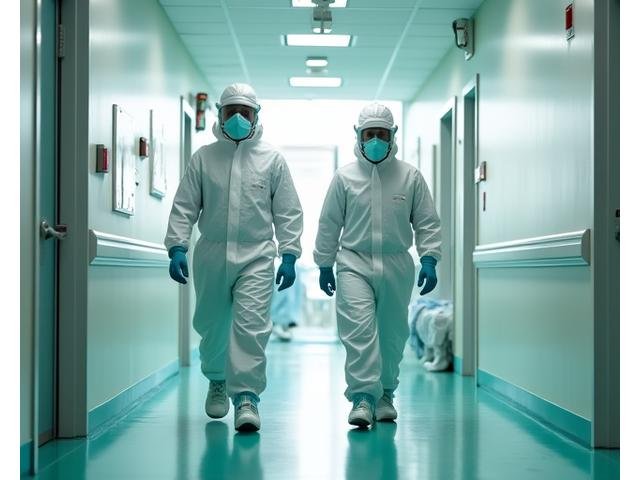 Ομάδα άμεσης επέμβασης της EcoGleam σε προστατευτικές στολές μέσα σε ιατρικό περιβάλλον