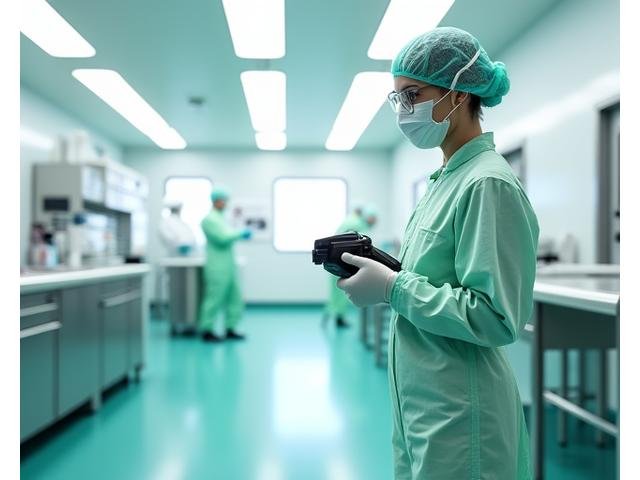 Επαγγελματίας απολυμάντρια σε ιατρικό χώρο με πλήρη εξοπλισμό